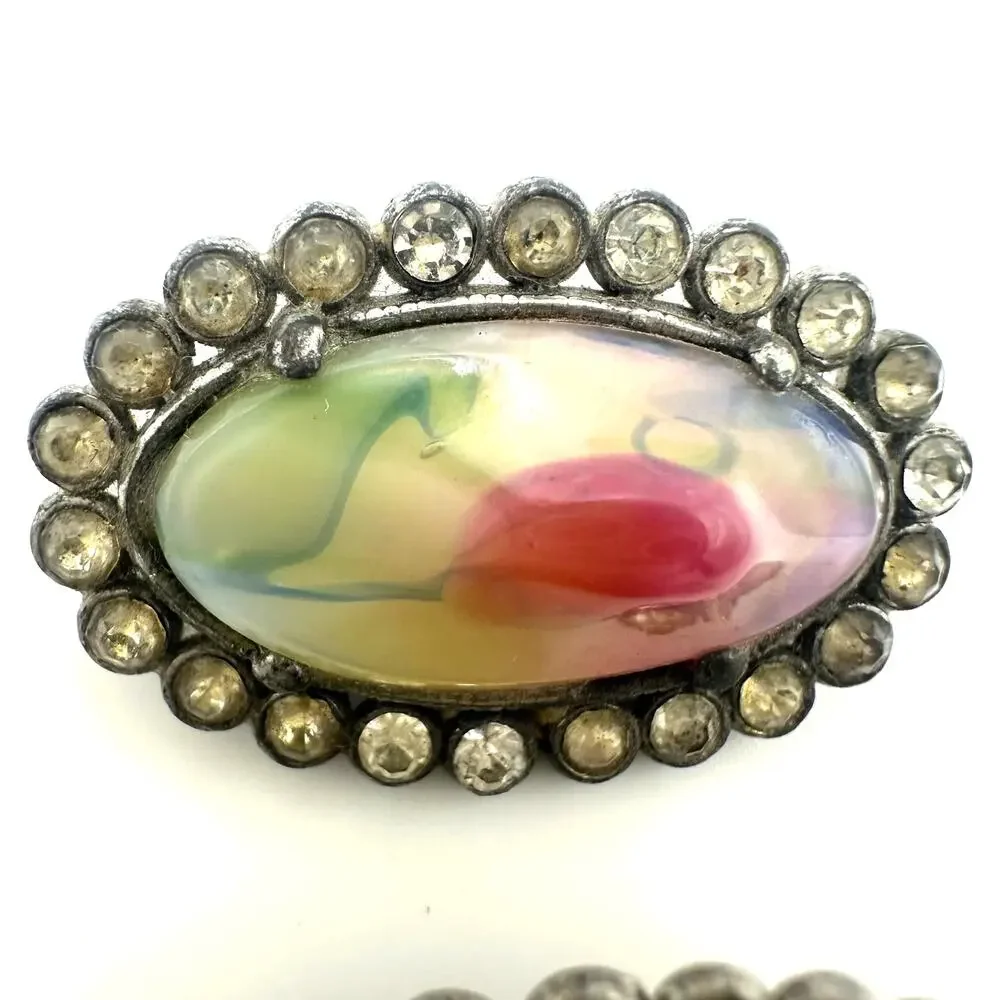 Antique 1920s Art Deco silver tone multicolor art glass rhinestones cufflinks